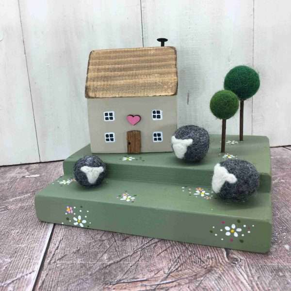 IMG 5946 scaled Individually handmade miniature farm with small flock of felted Herdwick sheep.  Includes free postage and packing.