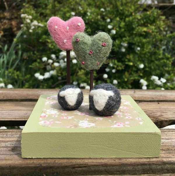 IMG 6475 scaled Handmade miniature meadow with felted Herdwick sheep and hand embroider heart trees.  Postage and packing included!