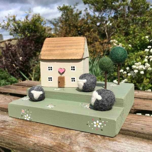 IMG 6518 scaled Individually handmade miniature farm with small flock of felted Herdwick sheep.  Includes free postage and packing.