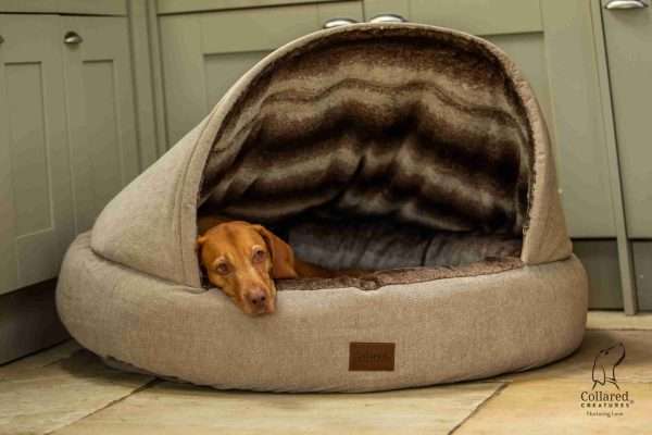 The luxury Collared Creatures Beige Deluxe Comfort Cocoon Dog Cave Bed large