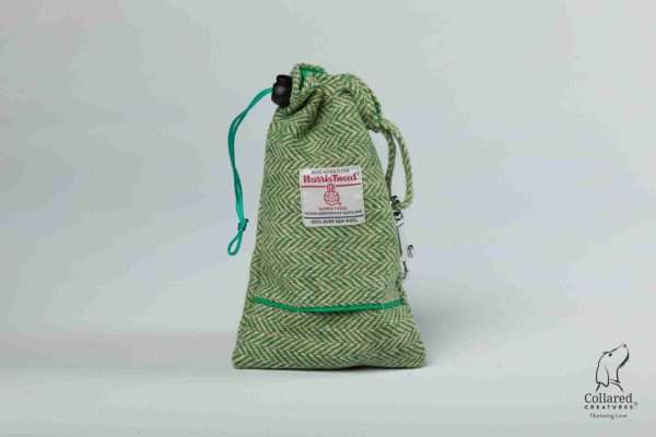 Collared Creatures Green Herringbone Harris Tweed Treat Bag With Built-In Poop Bag Dispenser