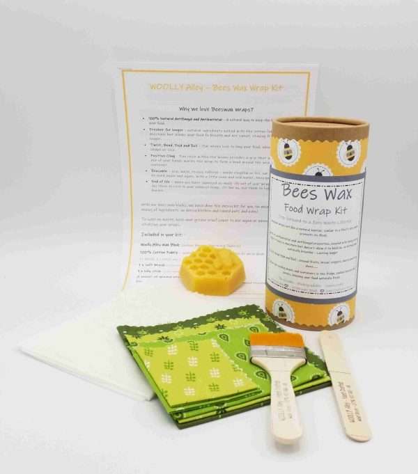 Bees Wax Wrap Kit 1 scaled BEES WAX FOOD WRAP KIT – Step forward to a ZERO WASTE lifestyle. Do-It-Yourself Kit includes:- 100% natural cotton fabric – wax block (Beeswax, Jojoba Oil & Pine Resin), application brush, mixing stick and dual method detailed instructions.