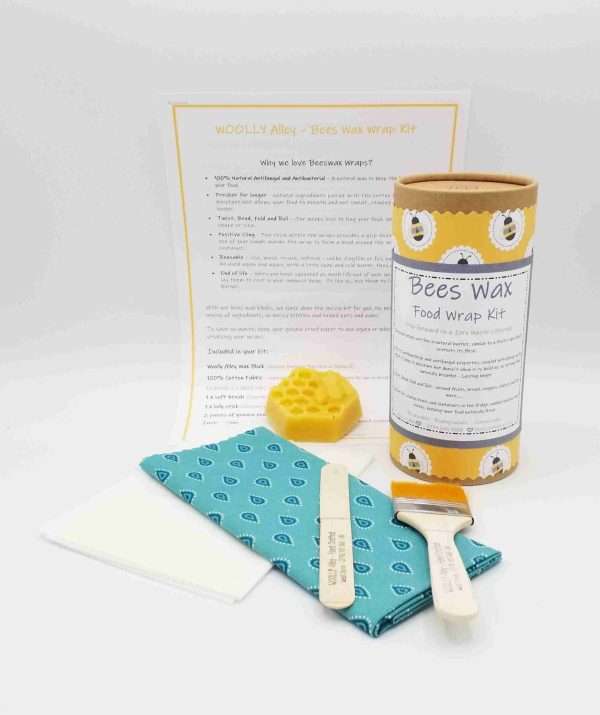 Bees Wax Wrap Kit 2 scaled BEES WAX FOOD WRAP KIT – Step forward to a ZERO WASTE lifestyle. Do-It-Yourself Kit includes:- 100% natural cotton fabric – wax block (Beeswax, Jojoba Oil & Pine Resin), application brush, mixing stick and dual method detailed instructions.
