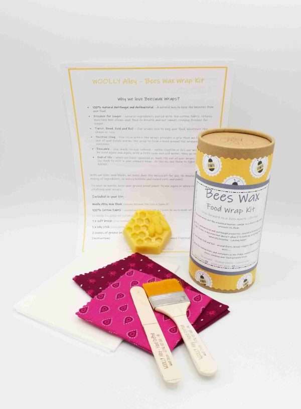 Bees Wax Wrap Kit 4 scaled BEES WAX FOOD WRAP KIT – Step forward to a ZERO WASTE lifestyle. Do-It-Yourself Kit includes:- 100% natural cotton fabric – wax block (Beeswax, Jojoba Oil & Pine Resin), application brush, mixing stick and dual method detailed instructions.