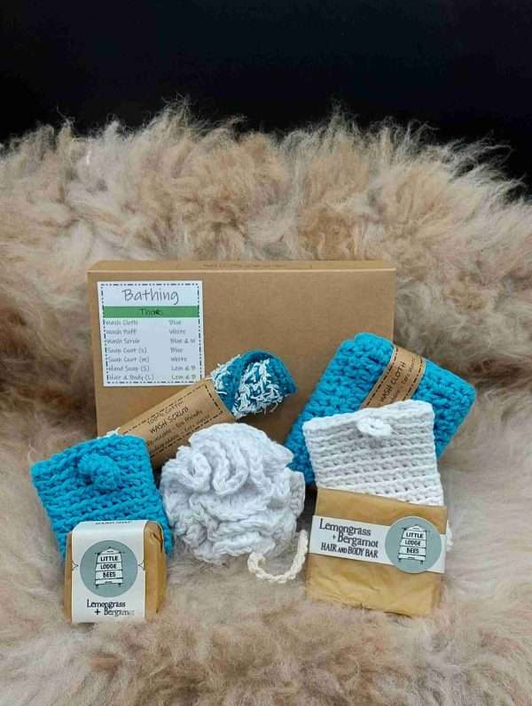 Zero Waste Bathing 2 scaled ZERO WASTE - Bathing Pamper Hamper - 100% Cotton - Biodegradable - Sustainable. Use, Wash, Reuse. End of life compost. Included in the set: Wash Cloth, Wash Puff, Wash Scrubby, Large and Small Soap Coat, Natural Hand Soap and Natural Hair and Body Wash.