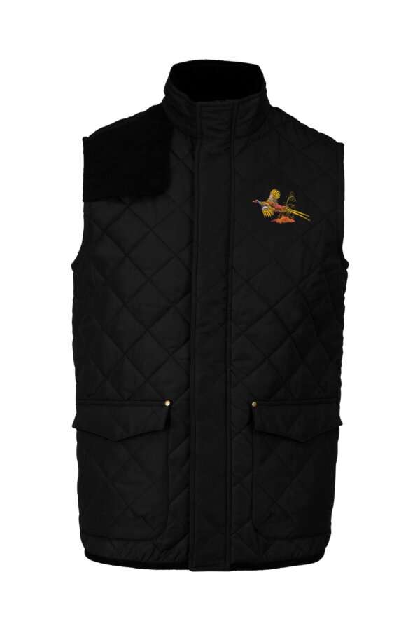 Black <h5>Men's fashionable country quilted bodywarmer suitable for work and leisure.</h5> <ul> <li>Embroidered pheasant logo to left chest.</li> <li>Zip fastening concealed beneath press stud placket.</li> <li>2 double front pockets with press stud flaps.</li> <li>1 inner pocket. Press stud shoulder yoke.</li> <li>Corduroy trim on hem, inside neck and reverse side of pocket flap.</li> <li>2 slits with press studs at back.</li> </ul> Available in<strong> Olive Green, Black & Navy.</strong>