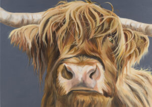 Kirkstone RebelA1deepwhite Good quality canvas print of a Highland cow painting, stretched on a deep canvas frame, The edges of the canvas are white. Free postage in the UK.