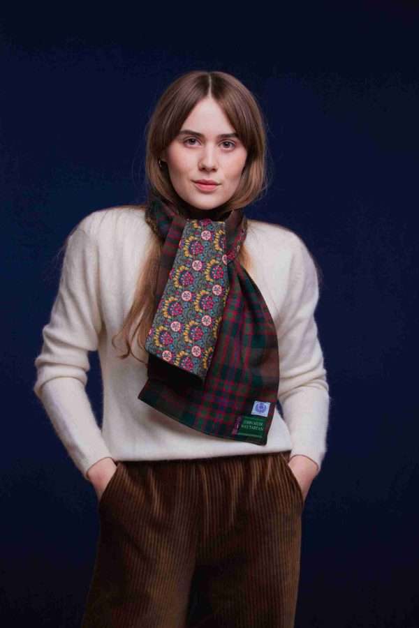 LoullyMakes Studio 4 32 scaled Classic Long scarf in our own exclusive John Muir way tartan with Liberty Print tana lawn cotton lining, carefully designed and handmade in Scotland by LoullyMakes . Simply select your choice of printed art fabric lining from the drop-down menu. (The example long scarf pictured here features lining 4) 100% Wool Tartan, 100% cotton lining