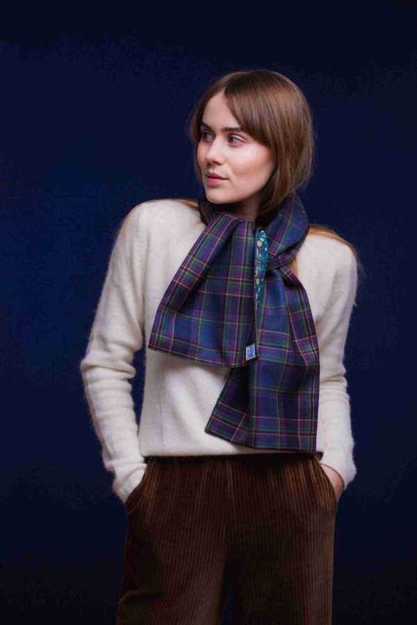 LoullyMakes Studio 4 35 scaled Classic Long scarf in our exclusive Highland Mist tartan with Liberty Print tana lawn cotton lining, carefully designed and handmade in Scotland by LoullyMakes . Simply select your choice of printed art fabric lining from the drop-down menu. (The example long scarf pictured here features lining 9 ) 100% Wool Tartan, 100% cotton lining