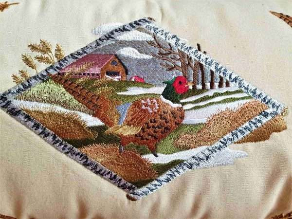 20210131 142934 scaled Very detailed embroidered Pheasant & Country Scene Cushion Cover available on Natural or Black Canvas. As you can see from the images the embroidery is of the best quality and has over 80,000 stitches in it. This design can be embroidered onto other items such as Hoodies, canvas bags, jackets and throws etc Natural canvas cushion cover. The rectangular shape creates interest in the lounge and bedroom and is a neat addition to home furnishings where the natural fabric sits happily with different textures and colour. <strong>The Cushion cover is 20"x 11"</strong> As all products are made to order please allow 7 working days for delivery. If you require anything urgently please ask as we may be able reduce our production times.