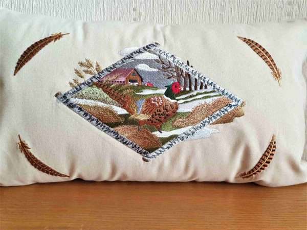 20210131 142939 scaled Very detailed embroidered Pheasant & Country Scene Cushion Cover available on Natural or Black Canvas. As you can see from the images the embroidery is of the best quality and has over 80,000 stitches in it. This design can be embroidered onto other items such as Hoodies, canvas bags, jackets and throws etc Natural canvas cushion cover. The rectangular shape creates interest in the lounge and bedroom and is a neat addition to home furnishings where the natural fabric sits happily with different textures and colour. <strong>The Cushion cover is 20"x 11"</strong> As all products are made to order please allow 7 working days for delivery. If you require anything urgently please ask as we may be able reduce our production times.