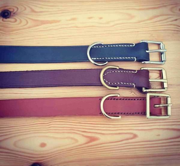 20210131 154945 scaled Hand-crafted leather dog collar. Made from the finest English full grain leather. Embossed design - choose from pheasant, deer, duck, fish. Hand-stitched. Leather colour: black, dark brown, chestnut, tan, or natural. Solid brass or nickel-plated hardware.