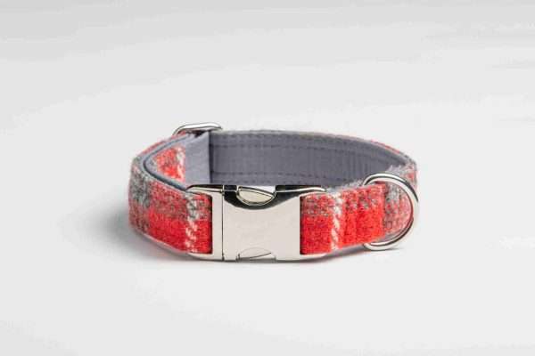 Collared Creatures Red And Grey Check Harris Tweed Luxury Dog Collar