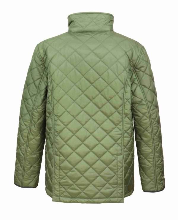 R196X Olive BACK scaled <h5>Unisex fashionable country quilted jacket suitable for work and leisure.</h5> <ul> <li>Embroidered pheasant logo to left chest.</li> <li>Water repellent and windproof.</li> <li>Corduroy collar.</li> <li>Stud front external storm flap.</li> <li>Heavy front 2-way zip.</li> <li>Stud closing patch pocket with handwarmer sides.</li> <li>Sandwich quilted fleece lining.</li> <li>Zipped external chest pocket.</li> <li>2 x 2 diamond stitching.</li> <li>Rear studded saddle vents.</li> <li>Back panel detail.</li> <li>Fashionable quilted design.</li> <li>Classic styling with contemporary fit.</li> <li>Substantial weight and soft handle</li> </ul> Available in<strong> Olive & Black.</strong>