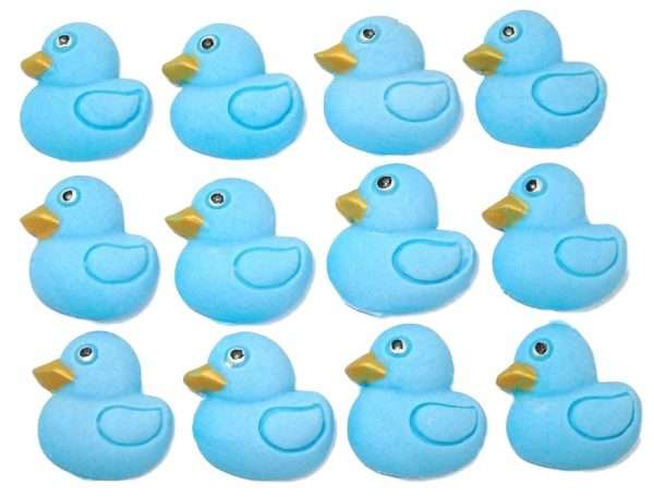 12 Blue ducks smalljpeg These cute baby ducks are ideal for your cupcakes or cake decorations, they are great for a baby shower, birthday and Christening and available in an assortment of colours. 12 baby-coloured duck decorations Approx Size: 25mm high - 25 mm wide