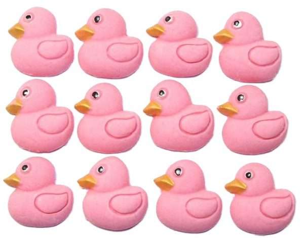 12 Pink Baby Ducksjpeg These cute baby ducks are ideal for your cupcakes or cake decorations, they are great for a baby shower, birthday and Christening and available in an assortment of colours. 12 baby-coloured duck decorations Approx Size: 25mm high - 25 mm wide