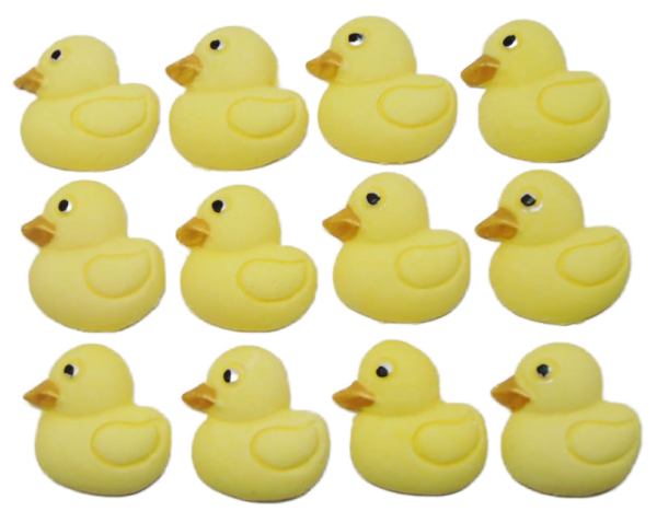 12 Yellow Ducks Small These cute baby ducks are ideal for your cupcakes or cake decorations, they are great for a baby shower, birthday and Christening and available in an assortment of colours. 12 baby-coloured duck decorations Approx Size: 25mm high - 25 mm wide