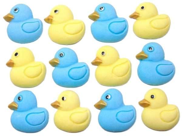 12 blue yellow baby ducksjpeg These cute baby ducks are ideal for your cupcakes or cake decorations, they are great for a baby shower, birthday and Christening and available in an assortment of colours. 12 baby-coloured duck decorations Approx Size: 25mm high - 25 mm wide