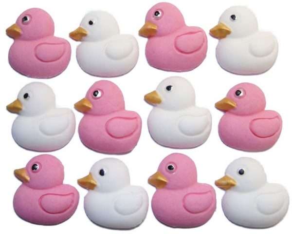 12 pink white baby ducks1jpeg These cute baby ducks are ideal for your cupcakes or cake decorations, they are great for a baby shower, birthday and Christening and available in an assortment of colours. 12 baby-coloured duck decorations Approx Size: 25mm high - 25 mm wide