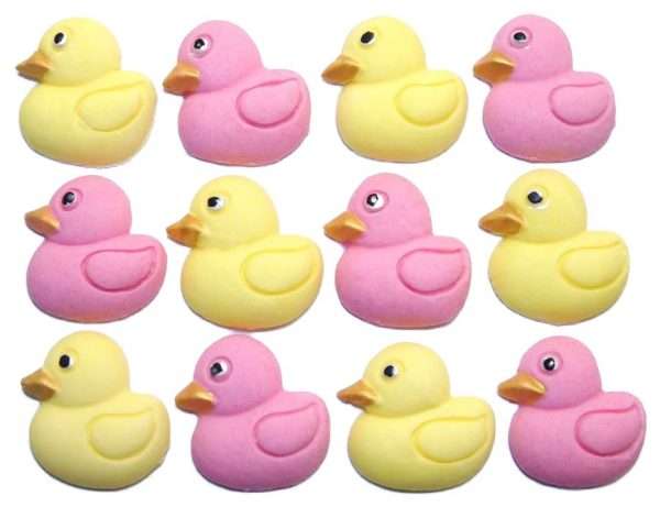 12 pink yellow baby ducksjpeg These cute baby ducks are ideal for your cupcakes or cake decorations, they are great for a baby shower, birthday and Christening and available in an assortment of colours. 12 baby-coloured duck decorations Approx Size: 25mm high - 25 mm wide