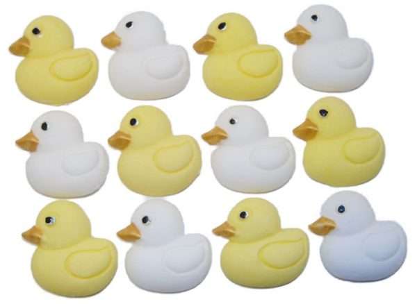 12 yellow white baby ducksjpeg These cute baby ducks are ideal for your cupcakes or cake decorations, they are great for a baby shower, birthday and Christening and available in an assortment of colours. 12 baby-coloured duck decorations Approx Size: 25mm high - 25 mm wide