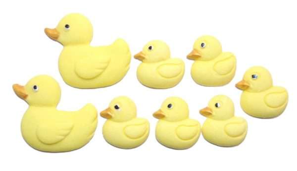 2 large 6 sm yellow ducksJpeg These baby shower cupcake and cake decorations of 2 large ducks and 6 baby Ducks are available in either White or Yellow which will look great on any on Baby Shower Christening or Birthday Cake and cupcakes. Approx Size: Large 36mm-36mm and Small 25mm-25mm