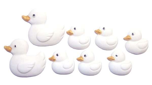 2 lge white 6 sm ducksJpeg These baby shower cupcake and cake decorations of 2 large ducks and 6 baby Ducks are available in either White or Yellow which will look great on any on Baby Shower Christening or Birthday Cake and cupcakes. Approx Size: Large 36mm-36mm and Small 25mm-25mm