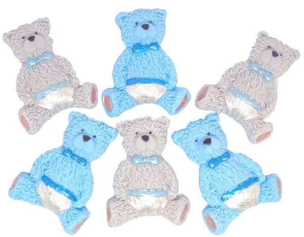 6 Blue grey Teddysjpeg Would you like some adorable teddies to place on top of your cupcakes or as cake toppers? Then these boy or girl teddies are ideal. Available in brown, grey or blue and pink 6 baby teddies for a baby boy or girls Great choice for baby shower or birthday cake toppers and all available in a selection of colours. Approx Size: 4cm- 3.5 cm