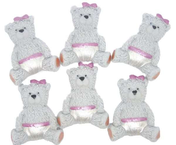 6 GREY GIRL TEDDYSjpeg Would you like some adorable teddies to place on top of your cupcakes or as cake toppers? Then these boy or girl teddies are ideal. Available in brown, grey or blue and pink 6 baby teddies for a baby boy or girls Great choice for baby shower or birthday cake toppers and all available in a selection of colours. Approx Size: 4cm- 3.5 cm