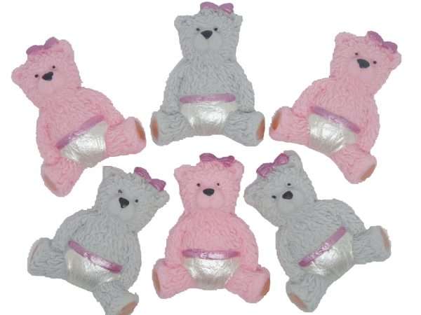 6 PINK GREY TEDDY 1jpeg Would you like some adorable teddies to place on top of your cupcakes or as cake toppers? Then these boy or girl teddies are ideal. Available in brown, grey or blue and pink 6 baby teddies for a baby boy or girls Great choice for baby shower or birthday cake toppers and all available in a selection of colours. Approx Size: 4cm- 3.5 cm