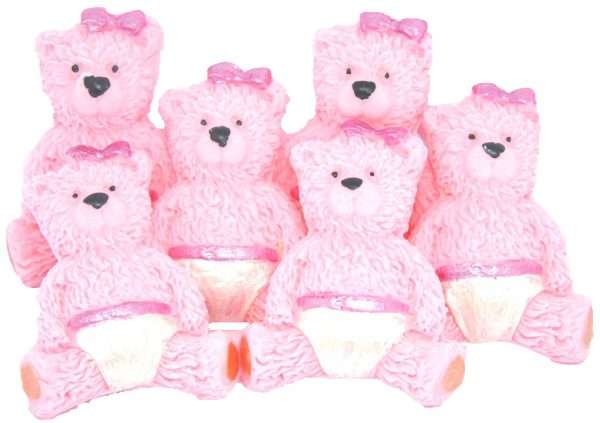 6 Pink Teddysjpeg Would you like some adorable teddies to place on top of your cupcakes or as cake toppers? Then these boy or girl teddies are ideal. Available in brown, grey or blue and pink 6 baby teddies for a baby boy or girls Great choice for baby shower or birthday cake toppers and all available in a selection of colours. Approx Size: 4cm- 3.5 cm