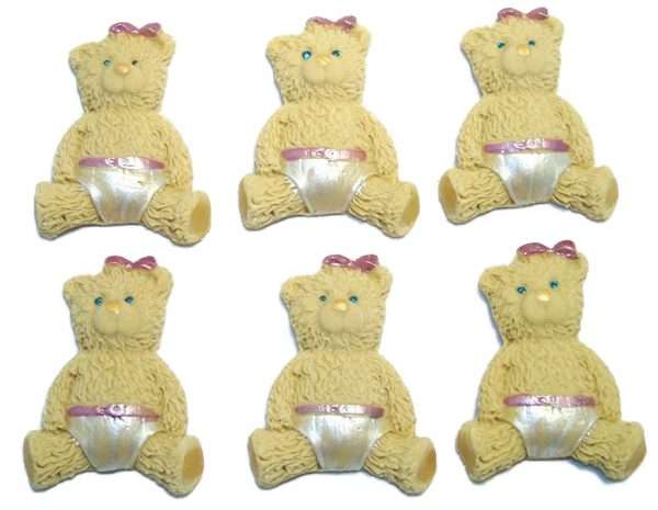 6 girl brown Would you like some adorable teddies to place on top of your cupcakes or as cake toppers? Then these boy or girl teddies are ideal. Available in brown, grey or blue and pink 6 baby teddies for a baby boy or girls Great choice for baby shower or birthday cake toppers and all available in a selection of colours. Approx Size: 4cm- 3.5 cm