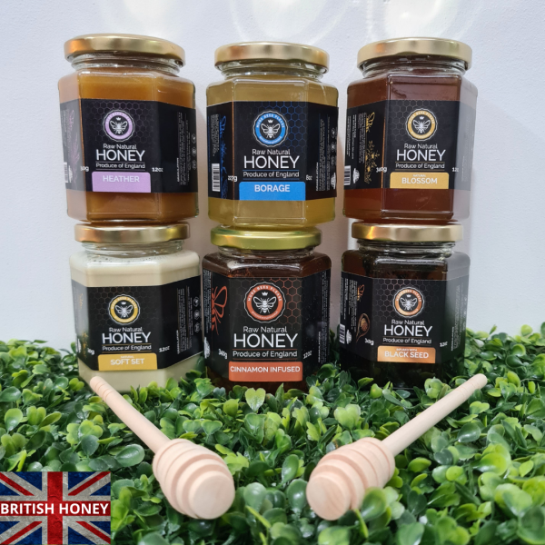 British Honey 1 Excellent gift idea for the Honey Lover! Or for those who simply can't decide Each box comes with 6 x jars of honey ( Choose your jar size in the options) & 3 x Small Honey Dippers. There is a honey information card provided in every box.