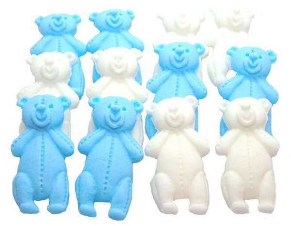 Inked12 Blue White LT Teddys LI These edible Teddies come in a variety of colours and in a separate listing are also packed in mixed colours. Extremely popular for baby showers and birthdays for the very young. Available in a choice of mixed colour sets: with blue, pink, yellow, white, brown, peach and purple We have another listing for single colours of these lovely teddys. Approx Size 5.5 cm/ 3.5 cm