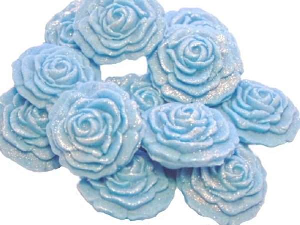 Inked12 Blue rosesjpeg LI This selection of edible small roses is shown in fixed colour sets, we do have them available in mixed colour sets under a separate listing. All are glittered and due to their size are extremely popular as cake fillers. These roses make Ideal cupcake and cake topper decorations for Weddings, Birthdays, Valentine and Anniversary. We hand make all our own decorations. Approx Size 2 cm