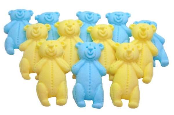 Inked12 Blue yellow LT Teddysjpeg LI These edible Teddies come in a variety of colours and in a separate listing are also packed in mixed colours. Extremely popular for baby showers and birthdays for the very young. Available in a choice of mixed colour sets: with blue, pink, yellow, white, brown, peach and purple We have another listing for single colours of these lovely teddys. Approx Size 5.5 cm/ 3.5 cm