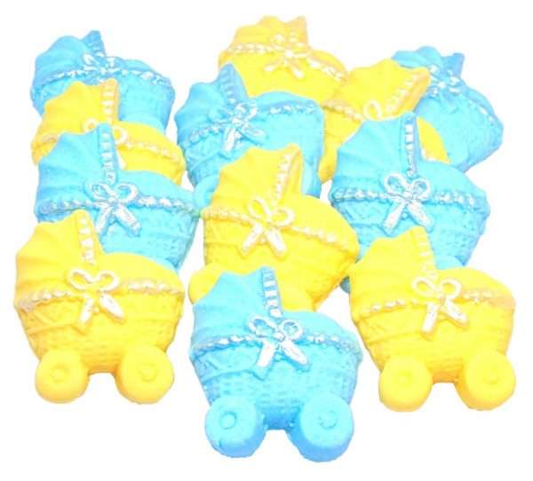 Inked12 Blue yellow Mix Prams1 JPEG LI A baby shower is always a great time to bake and to share. These lovely, coloured baby prams with idea for any baby shower as well as for a christening. 12 Baby prams with coloured Ribbons – make these ideal Baby Shower Cupcake Cake Topper Decorations Approx Size: 3cm tall - 2.5cm wide Also available in single colours