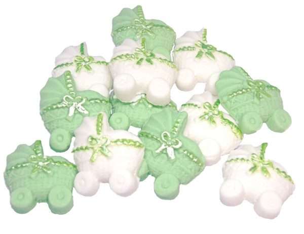 Inked12 Green White Prams1 JPEG LI A baby shower is always a great time to bake and to share. These lovely, coloured baby prams with idea for any baby shower as well as for a christening. 12 Baby prams with coloured Ribbons – make these ideal Baby Shower Cupcake Cake Topper Decorations Approx Size: 3cm tall - 2.5cm wide Also available in single colours