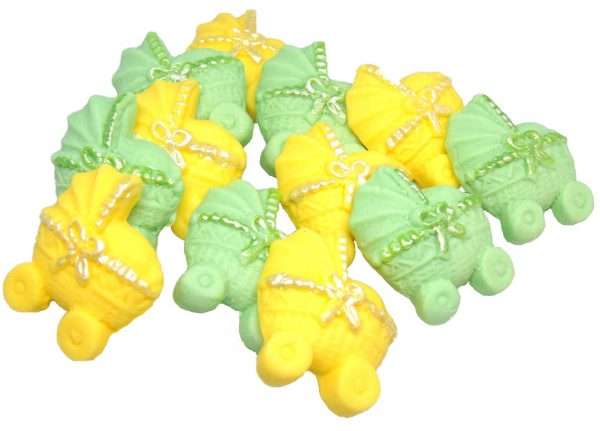 Inked12 Green yellow mix prams JPEG LI A baby shower is always a great time to bake and to share. These lovely, coloured baby prams with idea for any baby shower as well as for a christening. 12 Baby prams with coloured Ribbons – make these ideal Baby Shower Cupcake Cake Topper Decorations Approx Size: 3cm tall - 2.5cm wide Also available in single colours