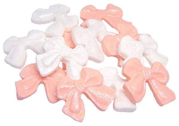 Inked12 Peach White Small Bows LI These small coloured Glittered edible bows decorations will enhance any cupcake or cake. Available in a choice of mixed colour combinations making them ideal for Weddings, Birthdays, Valentine & Anniversary decorations Approx Size: 24mm high - 28mm wide