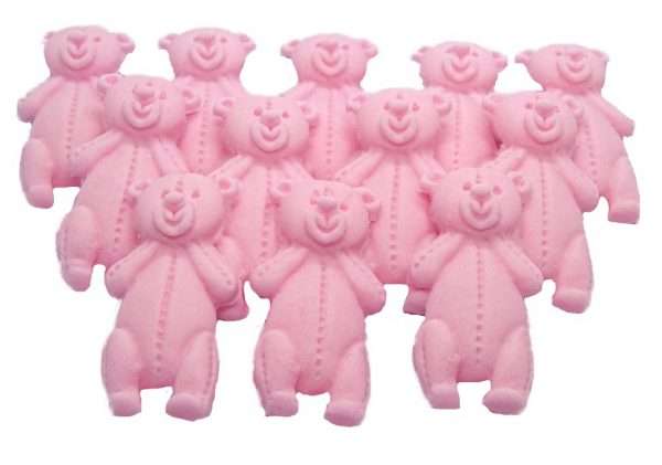 Inked12 Pink LT Teddysjpeg LI These edible Teddies come in a variety of colours and in a separate listing are also packed in mixed colours. Extremely popular for baby showers and birthdays for the very young. Available in a choice of colours: blue, pink, yellow, white, brown, peach and purple We have another listing for mixed colours of these lovely teddys. Approx Size 5.5 cm/ 3.5 cm