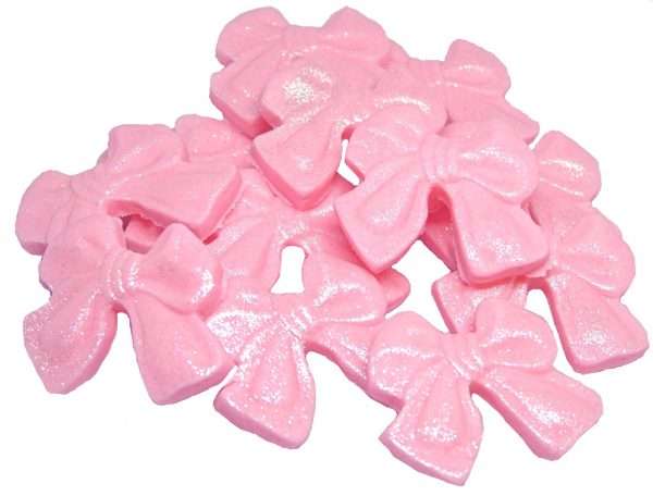 Inked12 Pink Small Bows LI These small coloured Glittered edible bows decorations will enhance any cupcake or cake. Available in a choice of colours making them ideal for Weddings, Birthdays, Valentine & Anniversary decorations Approx Size: 24mm high - 28mm wide