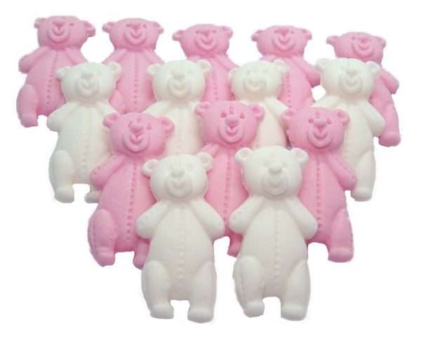 Inked12 Pink White LT Teddysjpeg LI These edible Teddies come in a variety of colours and in a separate listing are also packed in mixed colours. Extremely popular for baby showers and birthdays for the very young. Available in a choice of mixed colour sets: with blue, pink, yellow, white, brown, peach and purple We have another listing for single colours of these lovely teddys. Approx Size 5.5 cm/ 3.5 cm