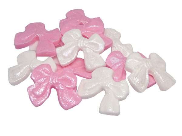 Inked12 Pink White Small bows LI These small coloured Glittered edible bows decorations will enhance any cupcake or cake. Available in a choice of mixed colour combinations making them ideal for Weddings, Birthdays, Valentine & Anniversary decorations Approx Size: 24mm high - 28mm wide