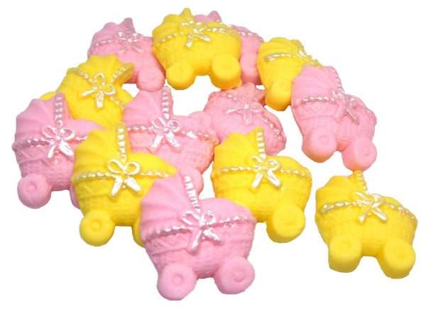 Inked12 Pink yellow Mix prams JPEG LI A baby shower is always a great time to bake and to share. These lovely, coloured baby prams with idea for any baby shower as well as for a christening. 12 Baby prams with coloured Ribbons – make these ideal Baby Shower Cupcake Cake Topper Decorations Approx Size: 3cm tall - 2.5cm wide Also available in single colours