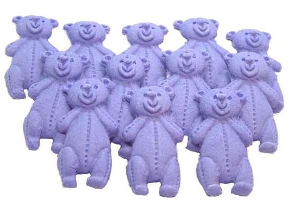 Inked12 Purple LT Teddysjpeg LI These edible Teddies come in a variety of colours and in a separate listing are also packed in mixed colours. Extremely popular for baby showers and birthdays for the very young. Available in a choice of colours: blue, pink, yellow, white, brown, peach and purple We have another listing for mixed colours of these lovely teddys. Approx Size 5.5 cm/ 3.5 cm