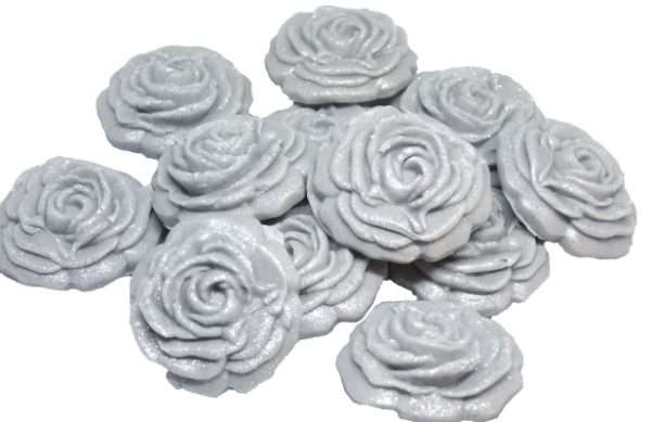 Inked12 Silver This selection of edible small roses is shown in fixed colour sets, we do have them available in mixed colour sets under a separate listing. All are glittered and due to their size are extremely popular as cake fillers. These roses make Ideal cupcake and cake topper decorations for Weddings, Birthdays, Valentine and Anniversary. We hand make all our own decorations. Approx Size 2 cm