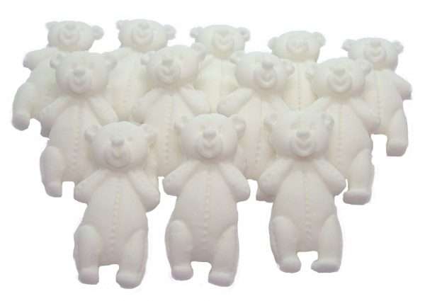 Inked12 White LT Teddysjpeg LI These edible Teddies come in a variety of colours and in a separate listing are also packed in mixed colours. Extremely popular for baby showers and birthdays for the very young. Available in a choice of colours: blue, pink, yellow, white, brown, peach and purple We have another listing for mixed colours of these lovely teddys. Approx Size 5.5 cm/ 3.5 cm