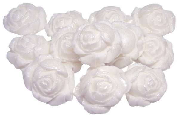 Inked12 White Rosebudsjpeg LI These lightly glittered edible rose buds are a great way to add a bit of bling to your cupcakes and cakes. Either add as a single rosebud to cupcakes or as a group on cakes Approx Size: 2.5 cm