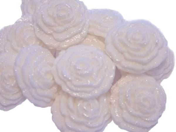 Inked12 White Rosesjpeg LI This selection of edible small roses is shown in fixed colour sets, we do have them available in mixed colour sets under a separate listing. All are glittered and due to their size are extremely popular as cake fillers. These roses make Ideal cupcake and cake topper decorations for Weddings, Birthdays, Valentine and Anniversary. We hand make all our own decorations. Approx Size 2 cm